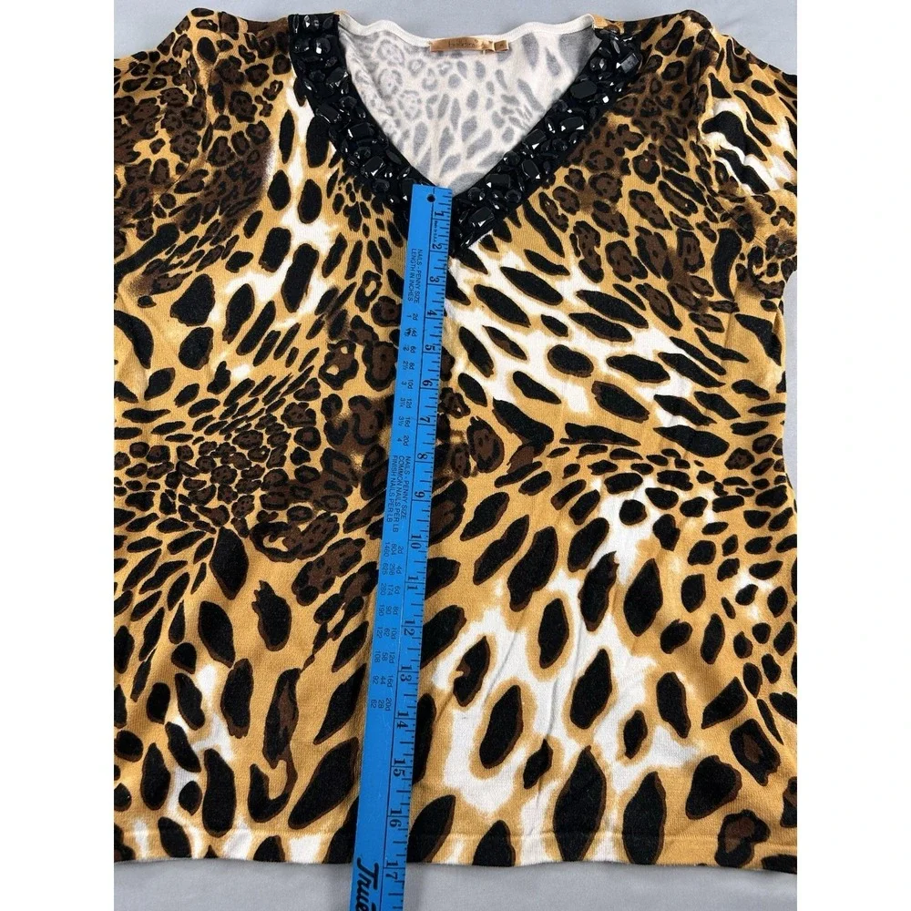 Belldini‎ Womens XL Leopard Print Top Beaded V Neck 3/4 Sleeve Stretch Knit